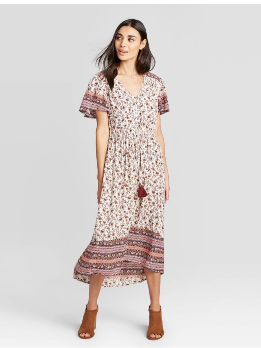 Knox Rose Floral Print Short Sleeve Midi Dress in Ivory and Rust. Size Large